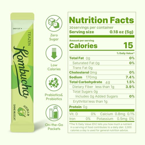Image of TEAZEN Shine Muscat Kombucha Powder, Electrolyte & Hydration Drink Mix, Sugar Free, Live Probiotics & Prebiotics, On-the-Go 30 Packets, 5.29oz