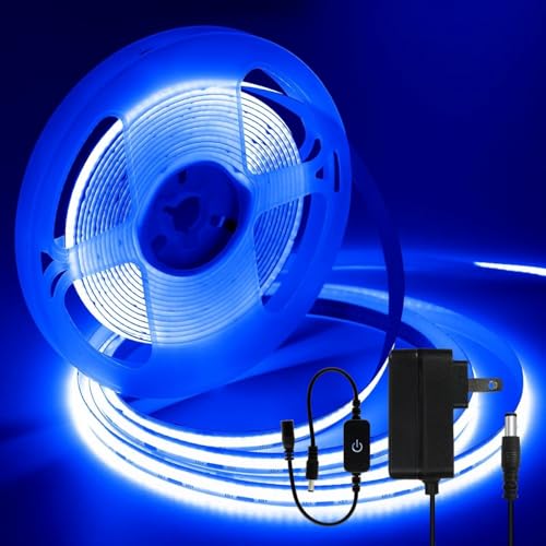 Image of iNextStation Blue COB LED Strip Light 16.4FT CRI 93+ DC12V Plug with Dimmer | High Light 1600LEDS, 0.98Ich Cuttable Flexible LED Tape Light for Bedroom, Kitchen, TV Backlight, Home Lighting, Party Decor
