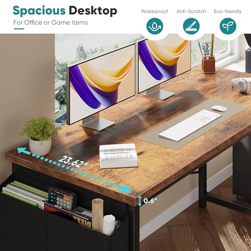 Image of OLIXIS Computer Desk, 63 Inch Gaming Desks for Home Office Small Spaces | Writing Study Craft Work Table, Computer Workstation for Bedroom with Storage Bag, Rustic Brown