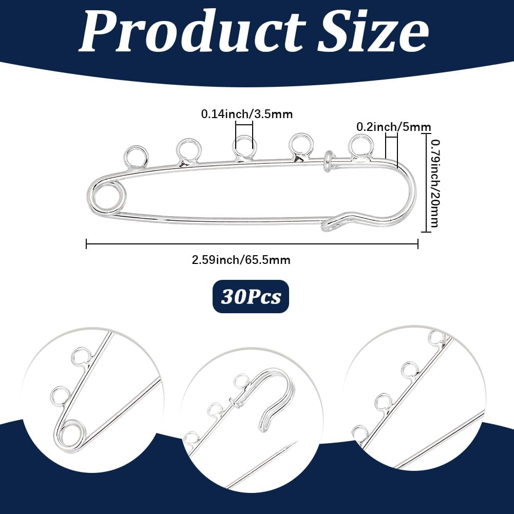 SUNNYCLUE 1 Box 30pcs 65mm Brooch Kilt Pins Safety Pin Brooches Silver Metal Iron 5 Loops Heavy Duty Fastener Decoration Brooch Kilt Safety Pins for Jewelry Making Sewing Blankets Clothes Accessories