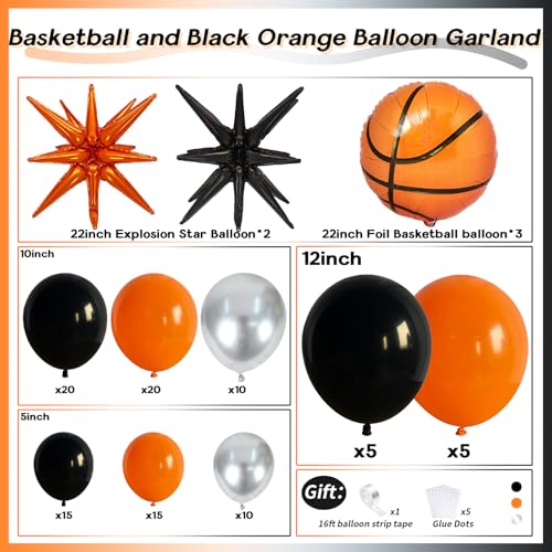 Image of Basketball Balloon Arch Kit, 111pcs Orange and Black Silver Balloons Garland Kit with Explosion Star Balloons, Sports Balloon Kit for Boys Birthday Baby Shower Sports Theme Decorations Supplies