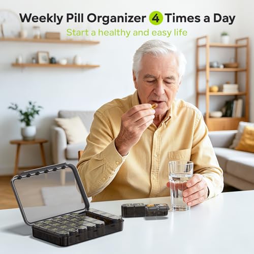 Image of Daviky Pill Organizer 4 Times a Day - Pill Box 7 Day, Weekly Medicine Pill Organizer for Travel with Removable Containers, Pill Case to Hold Daily Vitamins, Supplements and Medication (All Black)