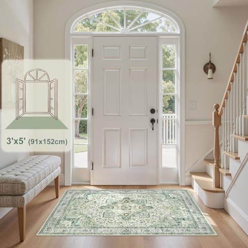 Tortania Area Rug Living Room Rugs - 3x5 Washable Rug Vintage Oriental Distressed Farmhouse Small Thin Indoor Carpet for Living Room Bedroom Under Dining Table Home Office - Green