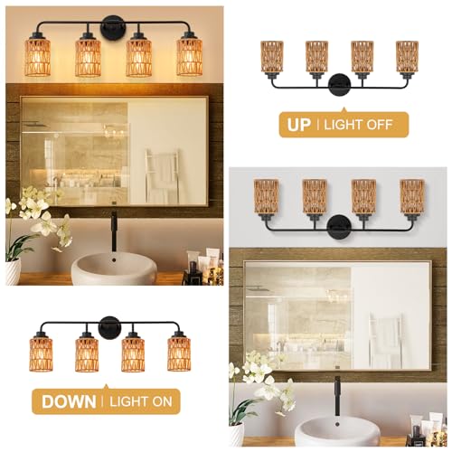 Image of Farmhouse Bathroom Light Fixtures, 4-Light Boho Vanity Lighs Over Mirror | with Hand-Woven Rattan Wicker Shades, Rustic Lighting for Bedroom Kitchen Hallway Restroom Bathroom