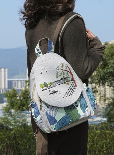 Image of Womens Cotton Hemp Cloth Backpack Boho Vintage Embroidered Casual Purse Handbags Messenger Bag Peacock