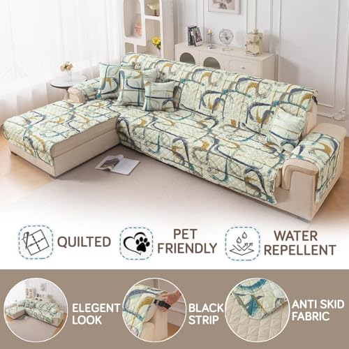 Image of HOKIPO 'Elira Series' Water-Repellent Printed Quilted One-Piece L Shape 5 Seater (3+2) Sofa Cover Mat with Left Chaise | Anti-Slip Backing & SecureFit Belt, Parchement Beige Abstract Art (NEW-5374-C6)