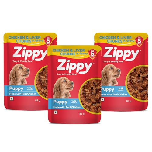 Image of ZIPPY 1-12 Month Puppy Dog Food 255g, Pack of 3 (85g Each Pack) Chicken & Liver Chunks in Gravy of Real Chicken | Gravy Meal Helps Strengthen Dog's Immune System | Maintaining Strong Bones & Teeth