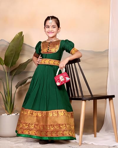 Image of Girls Silk Pattu Gown for Kids Traditional South Indian Long Ethnic Dress | Baby Girl Festival Pavadai Sattai Style Party Wedding Birthday Special Occasion Outfit