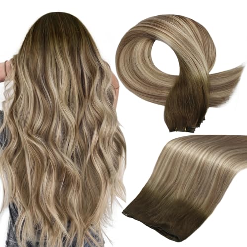 Full Shine 18 Inch Genius Weft Hair Extensions Human Hair For Women Hand Tied Sew In Weft Hair Extensions 50 Grams Blonde Sew In Silky Straight Hair Bundles For Women