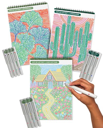 Lifelines FlowArt Activity Pads 3-Pack - Guided Dot by Letter Art Meditations with Markers - 12 Double-Sided Markers & 60 Scenes - Color by Number Coloring Books for Tweens Adults & Seniors