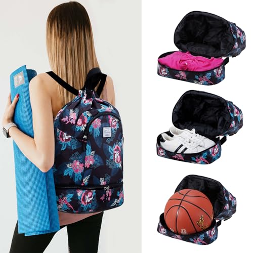 Image of Kamo Drawstring Backpack Bag - Sport Swimming Yoga Backpack with Shoe Compartment, Two Water Bottle Holder for Men Women Large String Backpack Athletic Sackpack for Travel