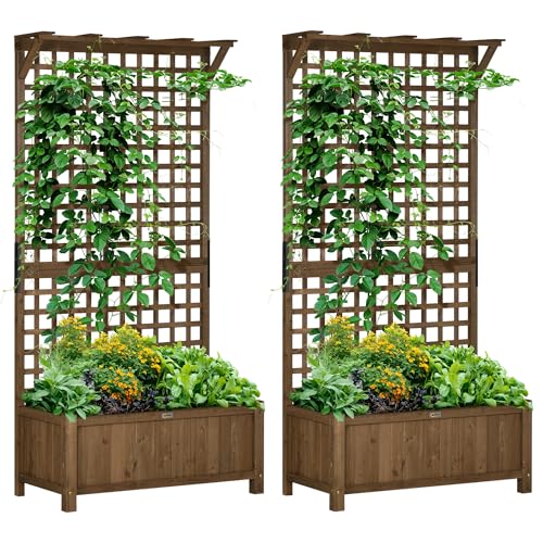 Outsunny 2 Pieces Wood Planter with Trellis for Climbing Plants, Raised Bed, Planter Box with...