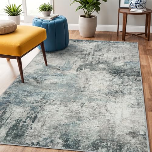 Washable Abstract Area Rug 3x5 - Rugs for Living Room Large Non Slip Indoor Entryway Rubber Backing Carpet Bedroom Kitchen Distressed Stain Resistant Floor Decor Mat Machine Washable 3x5 Blue
