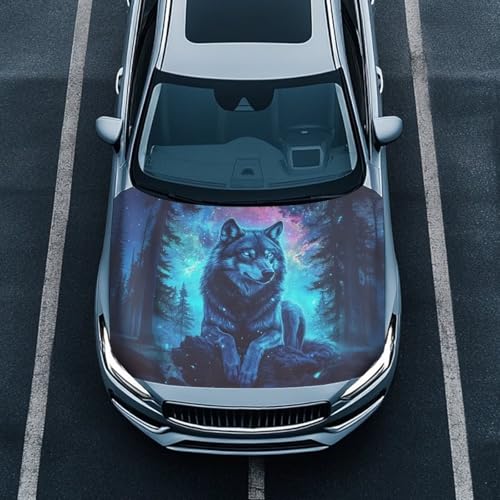 Image of Wolf Theme Car Hood Cover Protector for SUV Sedans Trucks, Elastic Polyester Waterproof Sun-Proof Auto Hood Flag Patriotic Decorative Car Accessories