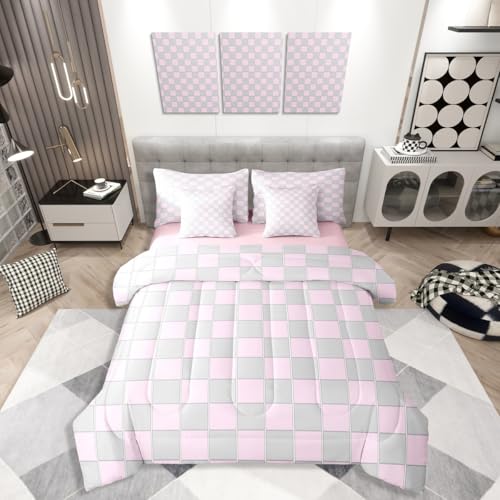 Image of Erosebridal Pink and Grey Girls King Comforter Set 7 Piece Cute Checkered Bedding Sets with Sheets for Kids Teen Women,Geometric Grids Plaid Bed in A Bag Bedroom Decor,Gingham Bed Set