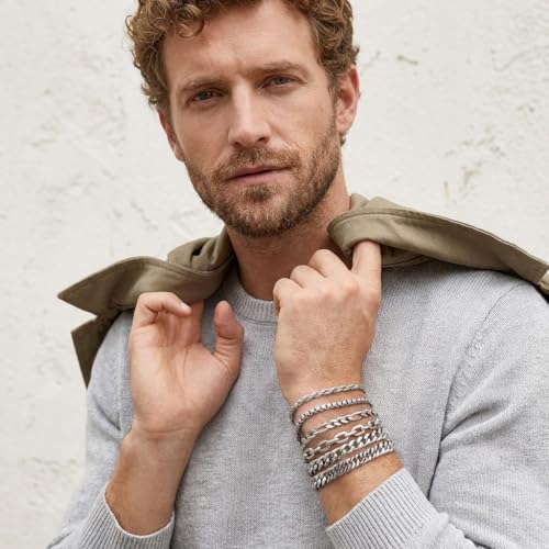 Image of SANNIDHI 6Pcs Bracelet for Man Women Silver Stainless Steel Cuban Link Men Bracelet Metal Rope Paperclip Stackable Bracelets Set Birthday Valentine's Day Gifts for Men