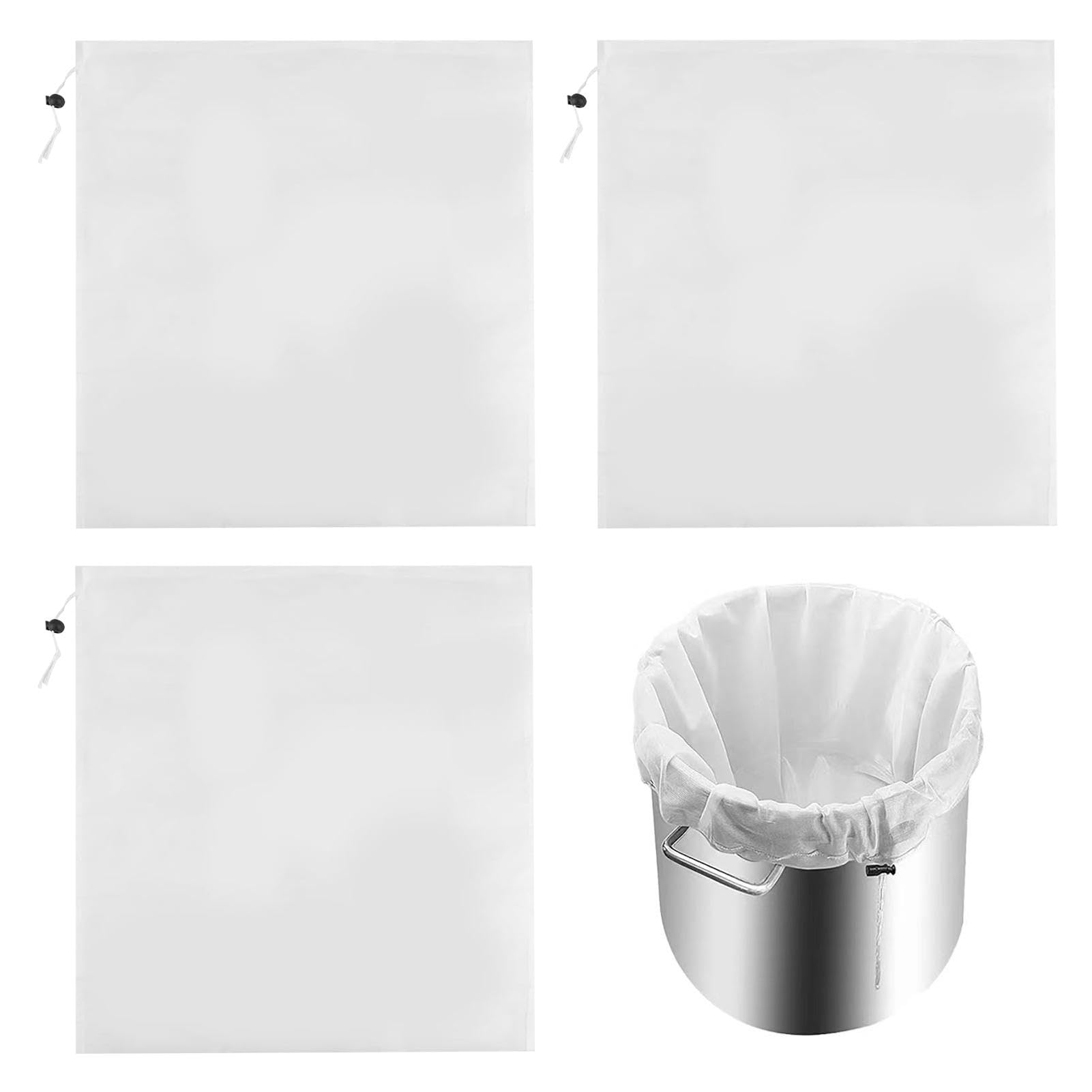 3 Pcs Reusable Brew Bags 46 x 40 cm, Extra Large Fine Mesh Straining Bags with Drawstring, Nylon Filter Bags for Home Brewing, Beer, Wine, Cider, Fruit & Food Filtering