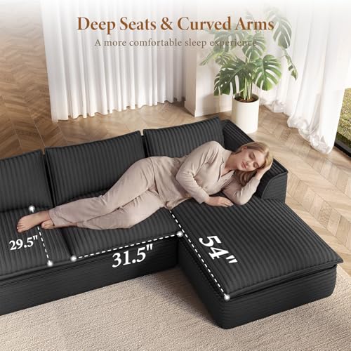 Image of Vesgantti 141.7 inch U Shaped Sectional Boneless Couch, Modern 6 Seater Modular Sofa with Chaise & Ottoman, Deep Seat Plush Corduroy Cloud Couches for Living Room, No Assembly Required, Dark Gray
