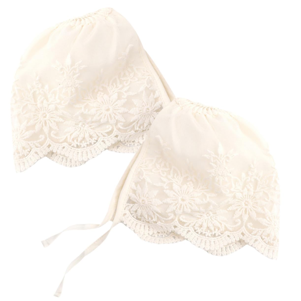 Vaguelly Gorro Ajuste Cómodo y Cierre Seguro de Encaje Beige 2 Piezas, Elegante y Suave, Recien Nacido, Niña, Adecuado para Bautizos y Bodas
