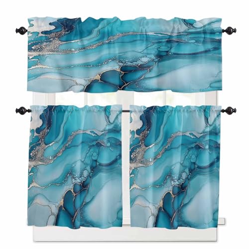 Turquoise Marble Kitchen Curtains 36 Inch Length, 3 Piece Rod Pocket Small Half Tiers and Valance Set, Teal Grey Modern Geometric Small Large Window Treatment Decor for Bedroom/Bathroom Sink