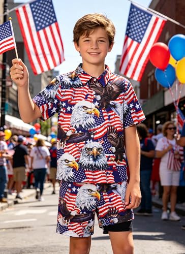 Image of UNICOMIDEA Boys 4th of July Outfits Kids Patriotic Independence Day Tropical Short Sets for 5-12 Years