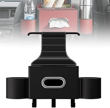 3-in-1 Car Backseat Organizer with Cup Holder, Tissue Box, Trash Bin & Hooks,Multifunctional Back Seat Car Organizer for Hold Phones,Snacks,Drinks,and Handbags A-Black