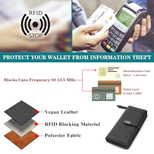 Image of Wallet for Women Large Capacity RFID Blocking Leather Bifold Card Holder with Zipper Change Pocket