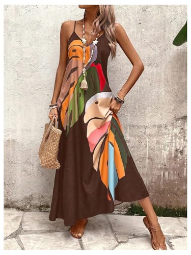 Image of GORGLITTER Women's Sleeveless V Neck Oversized Maxi Long Dress Boho Bump Friendly Graphic Casual Beach Flowy Sun Dress