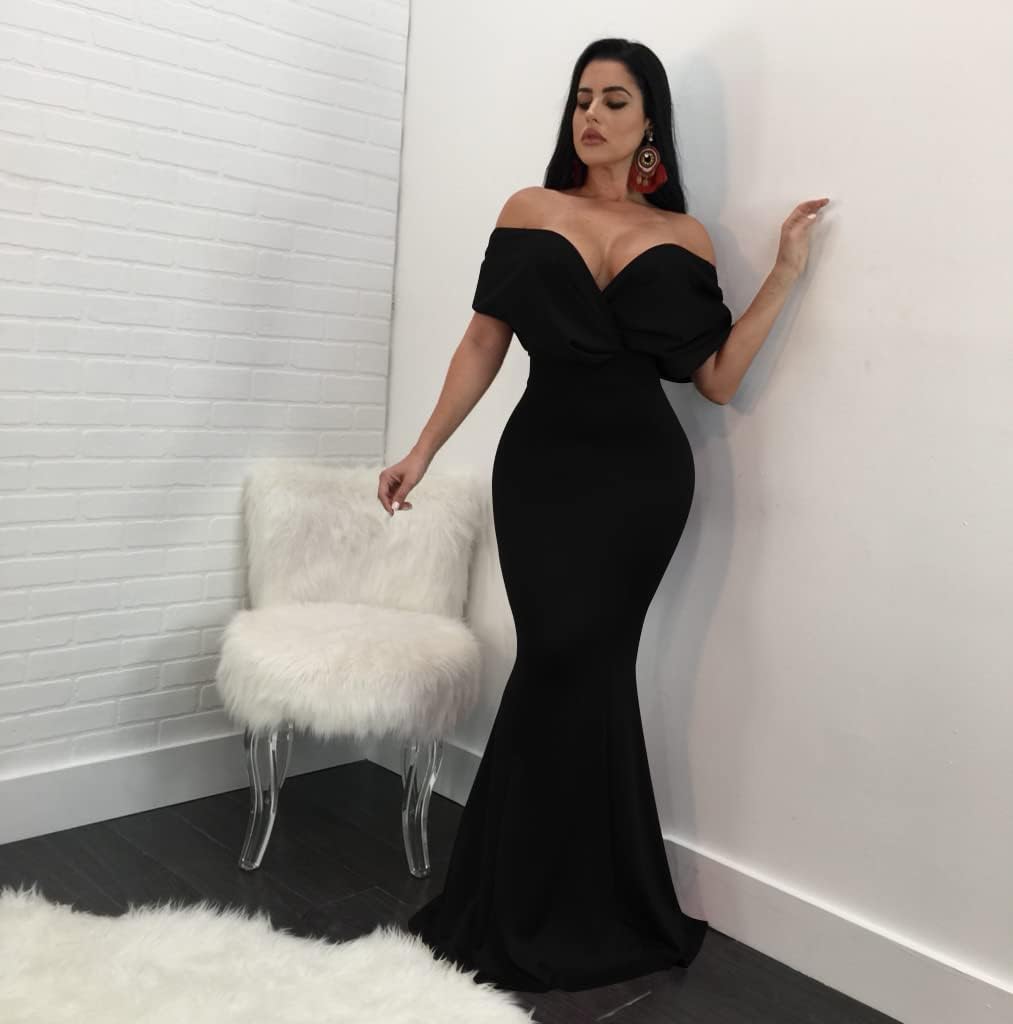 GOBLES Women Sexy V Neck Off The Shoulder Evening Gown Fishtail Maxi Dress - Image 7