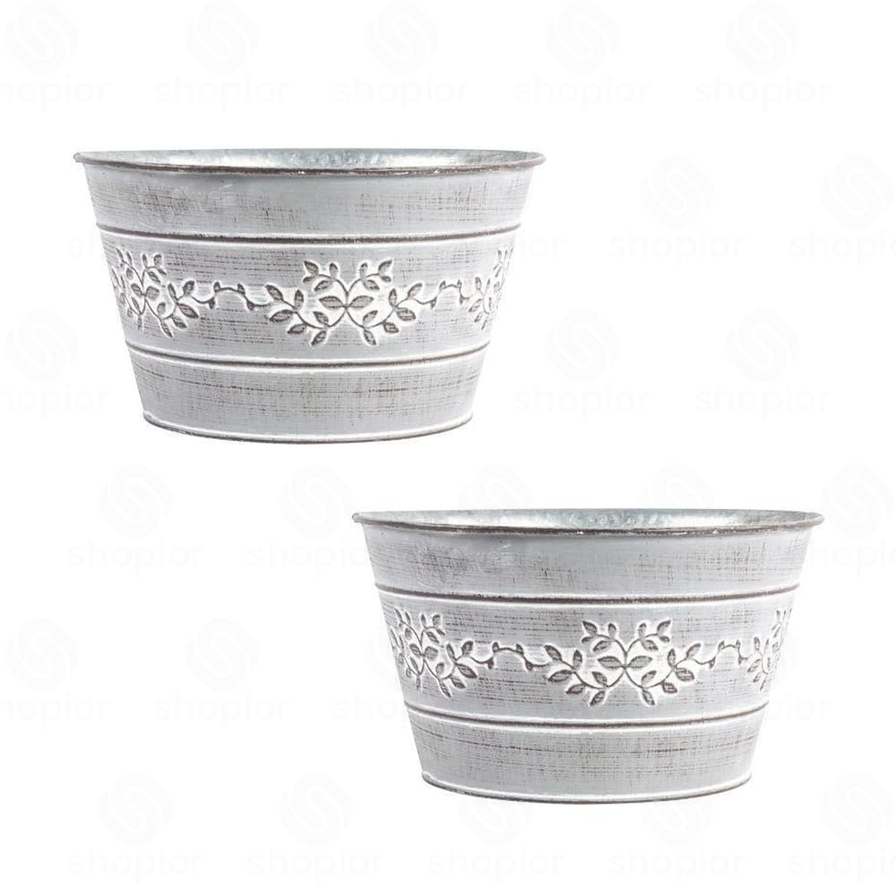 shopior Embossed Leafy Vine Design Tin Trough, Pail, Bowl, WateringCan and Teacup – Zinc Oval Galvanised Metal Planter | Rustic Grey Decorative Indoor Outdoor Plant Pot (Tin Bowl-21cm-Grey-Pack 2)