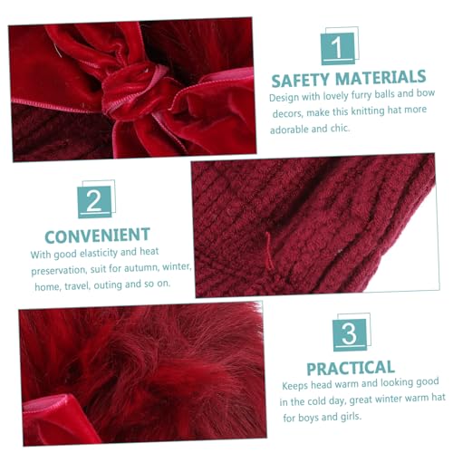 Boys Knitted Hat Hat for Newborn Boy Girl Bow Decor Girl and Double Balls Dark Red3