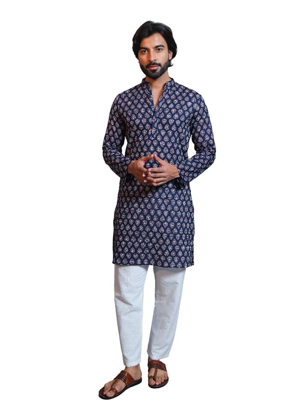 Image of Vastraa Fusion Men's Printed Kurta Pure Cotton Long Kurta, Round Collar, Full Sleeves, Button Kurta, Ethnic Wear
