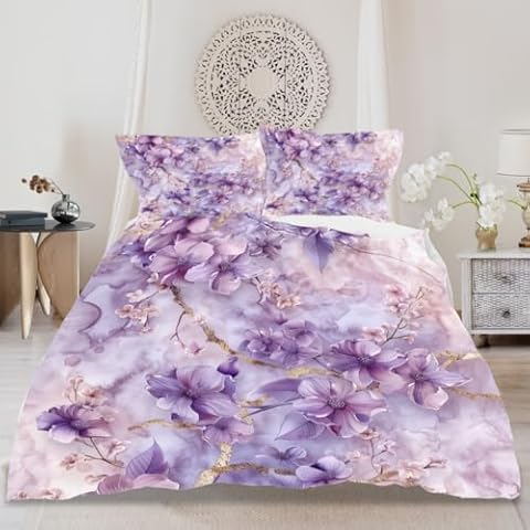 DiuuDi Purple Flowers Duvet Cover King Size 3D Printed Duvet Cover Set Blooming Flowers Romance Bedding Set Home Decoration Comforter Cover Cozy Quilt Cover with 2 Pillowcases Cover
