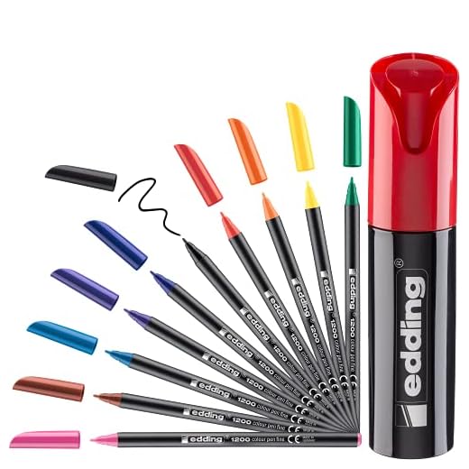 Edding 1200 rotulador de color de trazo fino - negro rojo azul verde amarillo naranja marrón violeta rosa azul-claro - bote de 10 - punta redonda - dibujar y escribir - colegio o mandala - juego