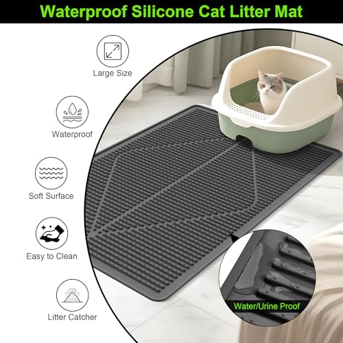 Image of Mofason Rubber Cat Litter Box Mat, Black Silicone Litter Catcher Mat | Waterproof 24 inchx15 inch kitty litter box mat; litter trapping catcher mat; easy clean trapping mat, kitty litter mats for floor