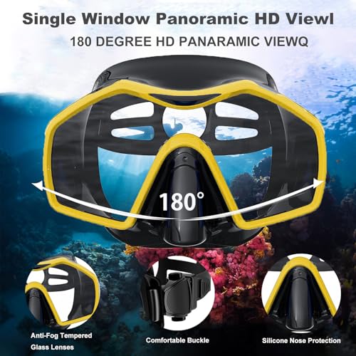 Snorkeling Gear for Adults,Dry Top Snorkel Mask Set Scuba Diving Mask Snorkel Gear Anti Fog Anti-Leak Goggles Snorkeling Packages Tempered Glass Panoramic View Nose Cover for Swimming,Scuba Diving