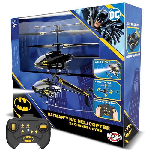 BLADEZ Batman R/C Helicóptero 2 canales Gyro Batman Helicóptero, DC Comics, RC 2 canales con control giroscopio, fácil de volar con luces, a prueba de golpes, juguete con licencia para niños, Toyz