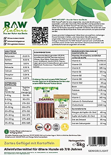 RAW Nature Trockenfutter Senior mit Huhn 5kg, Kaltgepresstes Hundefutter, Getreidefrei, 100% Muskelfleisch, hoher Fleischanteil, ohne künstliche Zusätze, für alle Rassen und Sensible Hunde