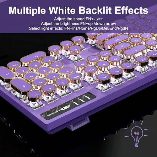 Image of MageGee Typewriter Mechanical Gaming Keyboard, Retro Punk Purple Round Keycaps, 104 Keys LED White Backlit Wired Keyboards for Laptop MAC PC Gamer, with Magnetic Wrist Rest, Blue Switch