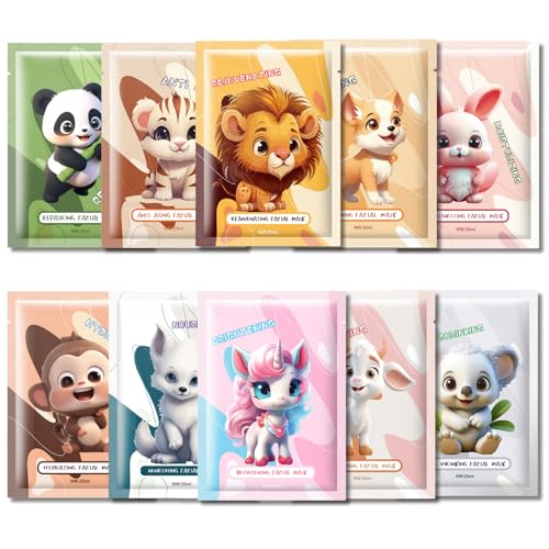 10 Stück Gesichtsmaske Kinder mit Tiermotive, Tuchmasken Gesicht Kinder für Feuchtigkeit & Hautpflege,K inder Gesichtsmasken Mädchen, Nährend Tuchmasken Set für alle Hauttypen, Geschenkset für Kinders