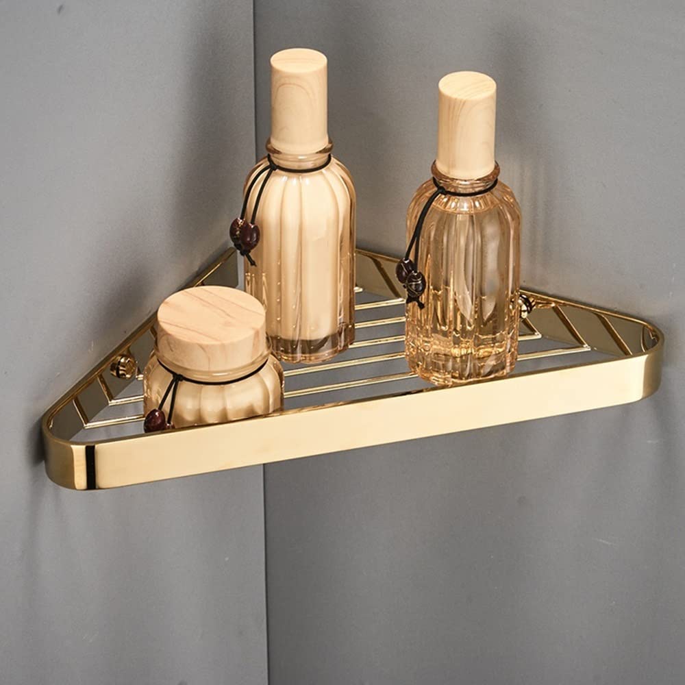Estante esquinero de ducha de cobre sólido color dorado montado en la pared, jabonera resistente al óxido, cesta de drenaje de champú, organizador de cocina, triángulo, 1 capa