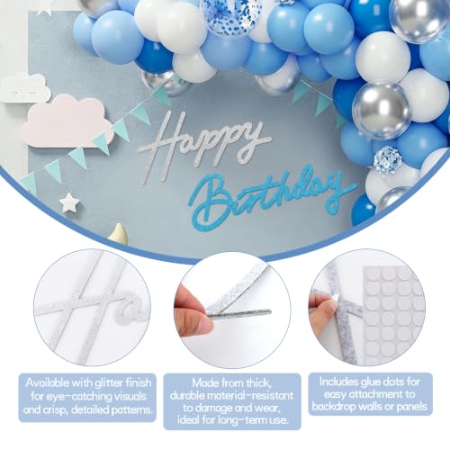 Image of TONIFUL Happy Birthday Sign for Backdrop - Glitter Silver and Light Blue Felt Banner - Includes Dot Glue - Perfect for Birthday Party Backdrop,Wall Decr,Balloon Arch,Photo Background