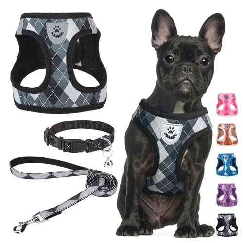 SCENEREAL Small Dog Harness and Leash Collar Set, Step in No Pull Soft Mesh Dog Harnesses for Small Medium Sized Dogs Puppy and Cats Outdoor Walking, No Chock Reflective Vest Harness, Black Plaid M
