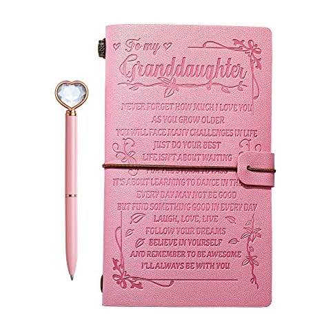 to My Granddaughter's Gift-Pink Leather Journal+Heart Diamond Pen Set,Refillable Notepads,Engraved Notebook Writing Journal,Travel Diary Graduation Back to School,Christmas,Birthday Gifts for Girls Cover