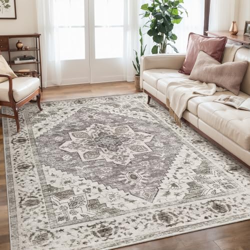 SERISSA 5x7 Boho Area Rug, Washable Large Rugs for Living Room, Ultra Soft Non-Slip Bedroom Rug Print Distressed Vintage Farmhouse Carpet Earth Tone Rug for Dining Room Office Home Decor