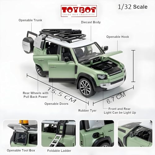 Image of 1:32 Scale Land Rover Defender Model Car - Exclusive Alloy Metal Pullback Toy with Openable Doors, Lights, and Music (Defender Green-1:32)