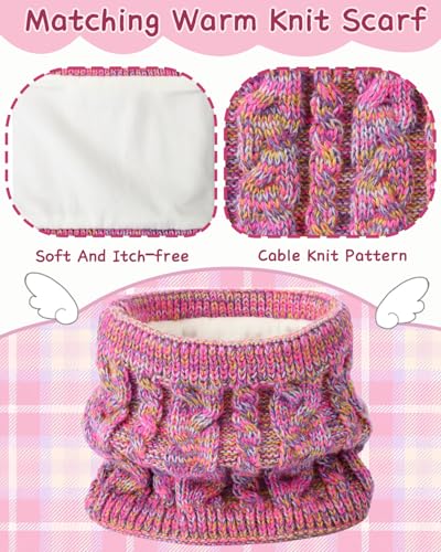 Image of Kids Winter Hat Gloves Scarf Set,Beanie with Pom Earflaps Neck Gaiter Fleece Lined Touchscreen Gloves for Girls Boys 3-10Y