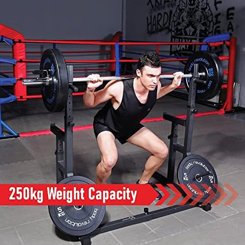 Body Revolution Heavy Duty Adjustable Squat Rack - With Weight Plate Storage, Dip Bars and Spotter Stands - Fitness Training Equipment for Men and Women