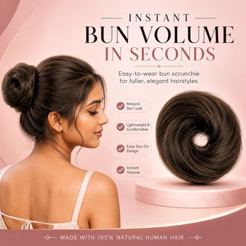 Image of Messy Bun Scrunchie Hair Extension for Women & Girls- 100% Natural Real Human Hair Juda Bun | Hair Bun Accessories for women- Trendy Messy bun Look, Natural Brown (30g)
