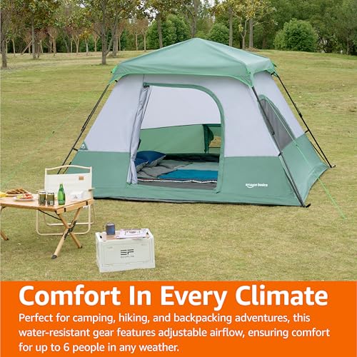 Amazon Basics 6-Person Instant Camping Tent, Easy Setup in 60 Seconds, Weather-Resistant with Rainfly for Family Camping and Hiking, Spacious, Green - Image 6